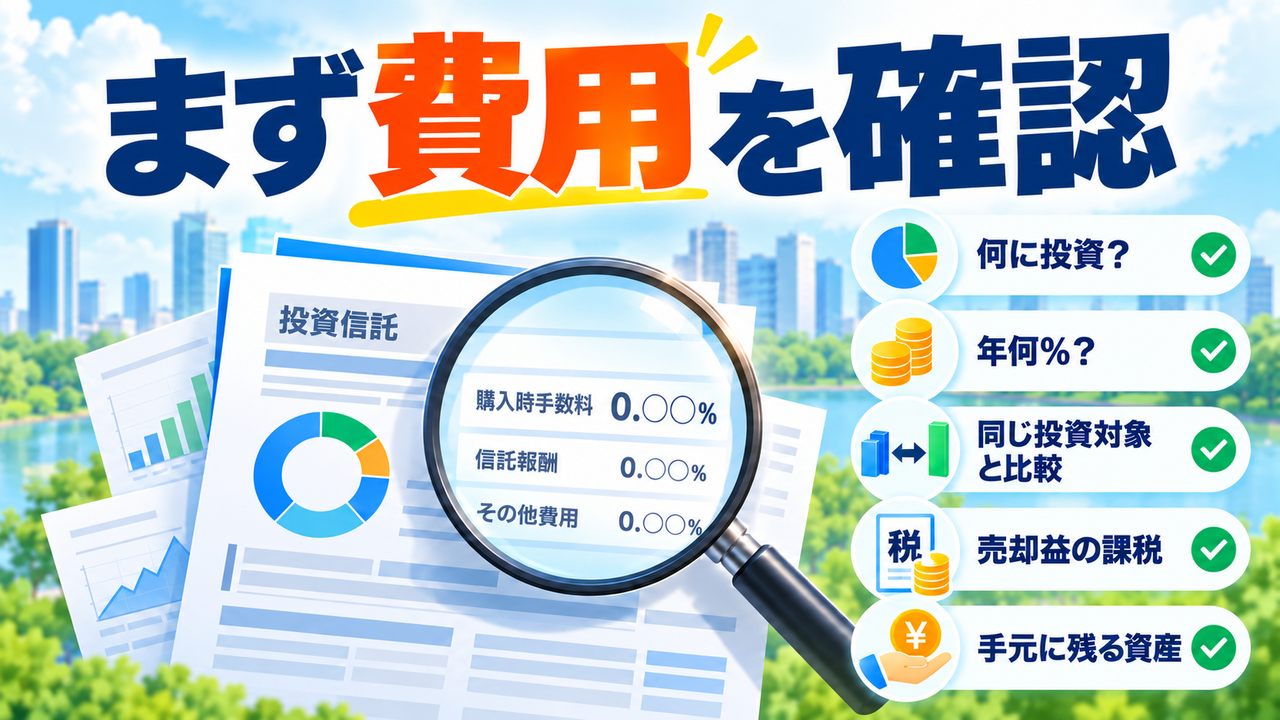 投資対象と費用を比較し、売却時の課税も含めて手元に残る資産を考える図