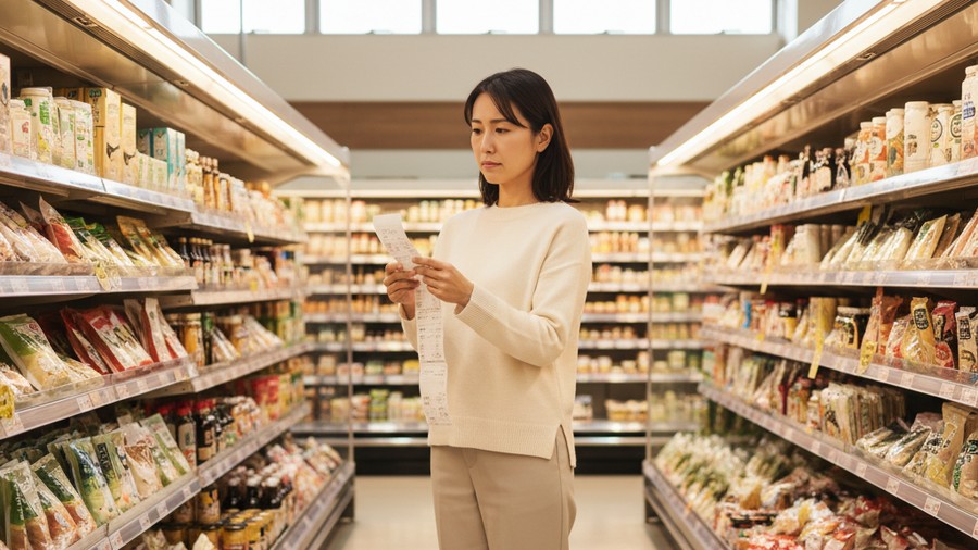 スーパーで買い物レシートを見ながら考える30代の女性