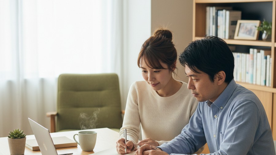 自宅でノートとパソコンを使って家計を一緒に見直す30代の夫婦