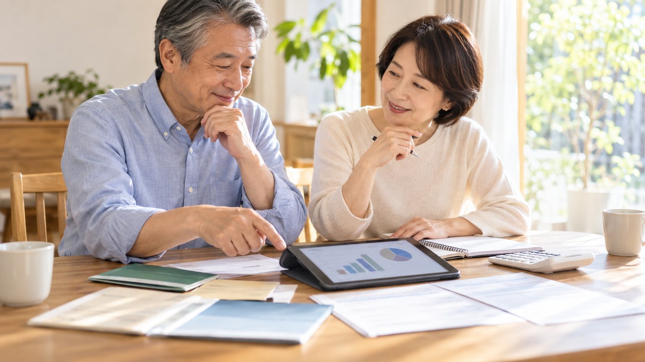 夫婦がタブレットと資料を見ながら家計の資産配分を確認している様子
