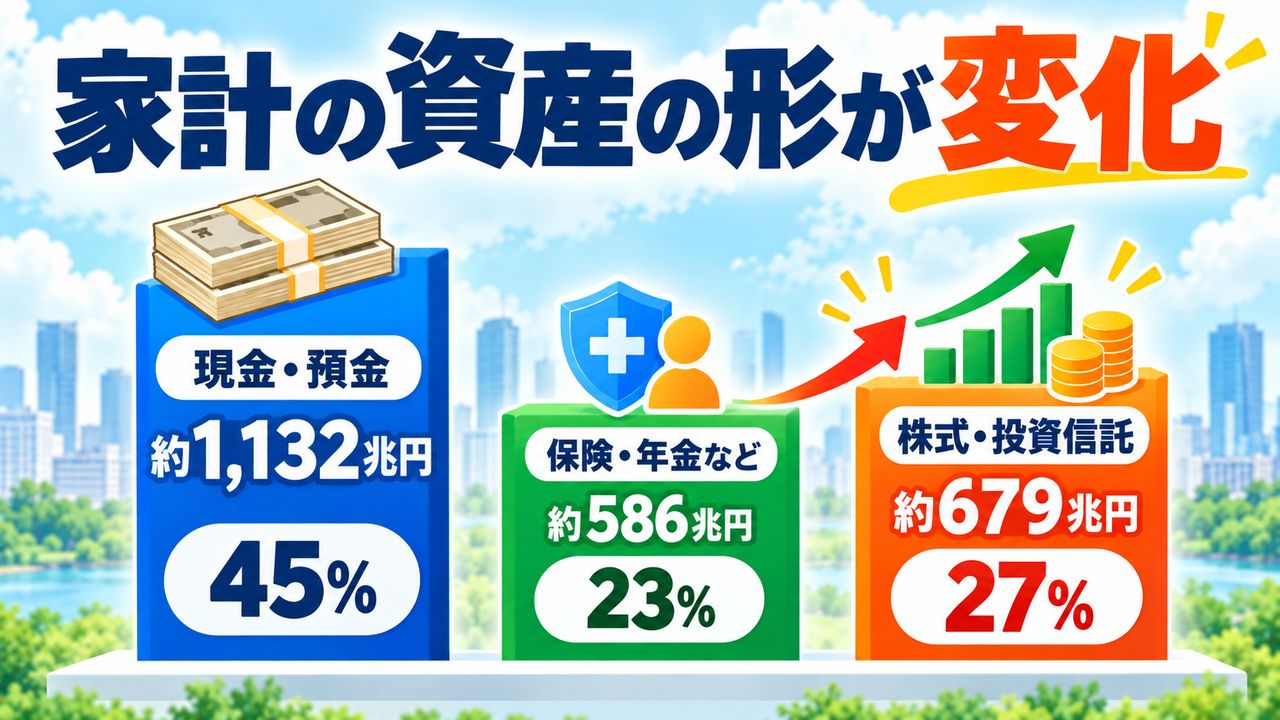 家計の現金預金1132兆円、保険年金など586兆円、株式投信679兆円を比較した図