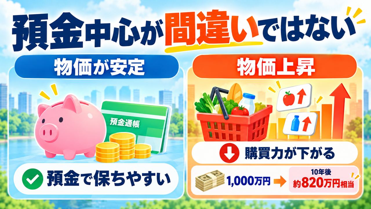 物価上昇で預金の購買力が下がり、1000万円が10年後に約820万円相当になる試算