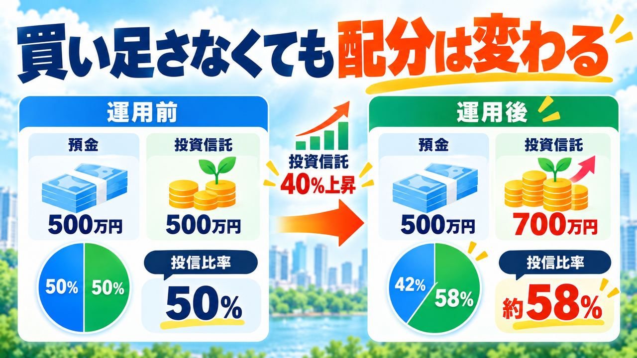 投信500万円が40％値上がりして700万円となり、資産全体の投信比率が50％から約58％へ変わる例