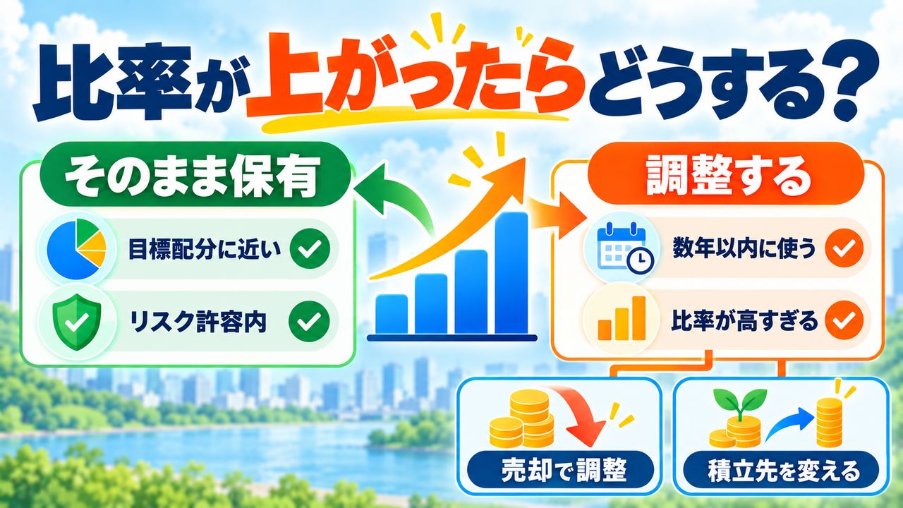 目標配分やリスク許容度に合えば保有し、使う時期や比率に応じて売却や積立先変更で調整する図