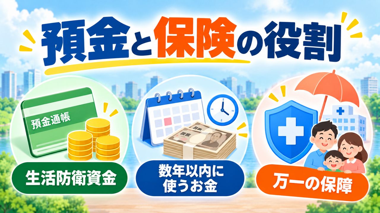 預金は生活防衛資金や数年以内に使うお金、保険は万一の保障を担う図