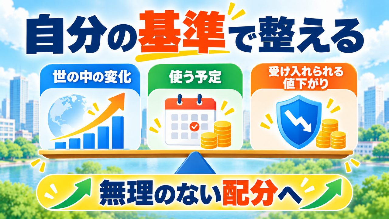 世の中の変化、使う予定、受け入れられる値下がりを踏まえて無理のない配分を考える図