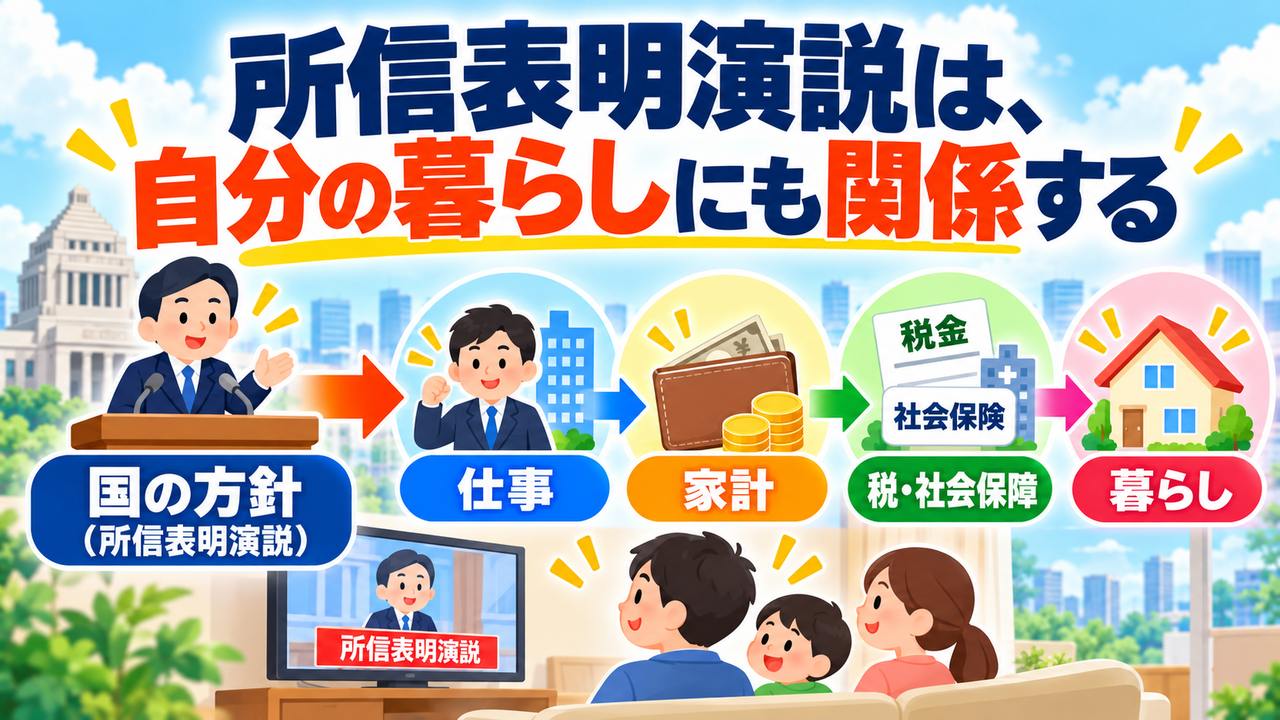 所信表明で示される国の方針が仕事や家計、税や社会保障、暮らしに関わることを示す図