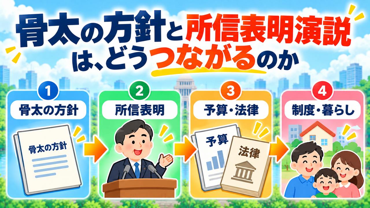 骨太の方針、所信表明、予算と法律、制度と暮らしの関係を整理した図