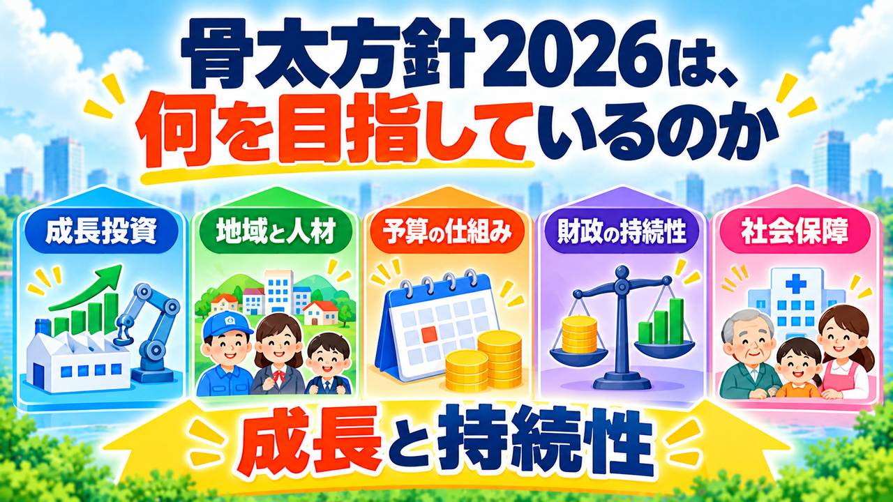 骨太方針2026の成長投資、地域と人材、予算の仕組み、財政の持続性、社会保障の五つの方向性