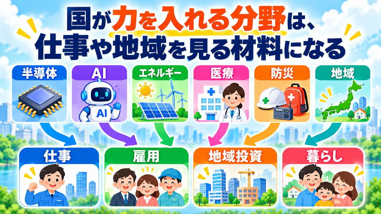 半導体、AI、エネルギー、医療、防災などの政策分野と仕事や地域との接点を示す図