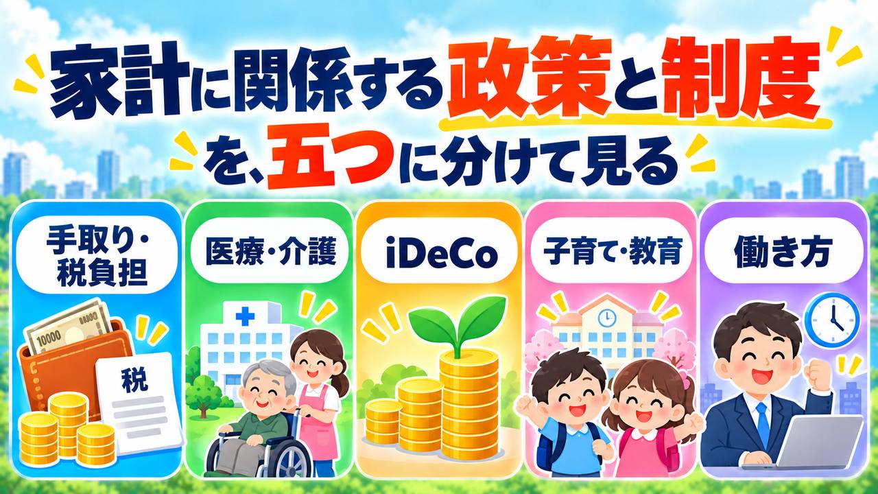 手取りと税負担、医療と介護、iDeCo、子育てと教育、働き方の五つの家計関連分野