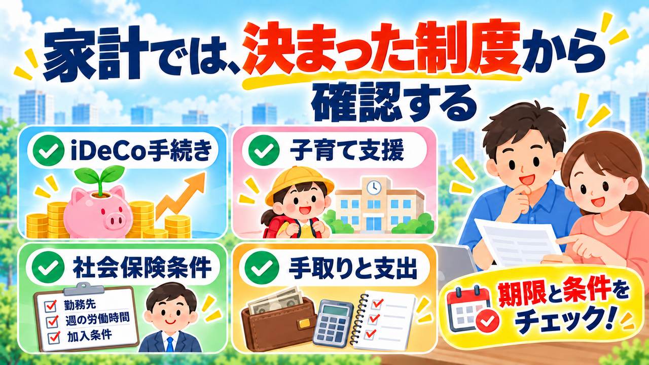 iDeCo手続き、子育て支援、社会保険条件、手取りと支出の期限と条件を確認する図