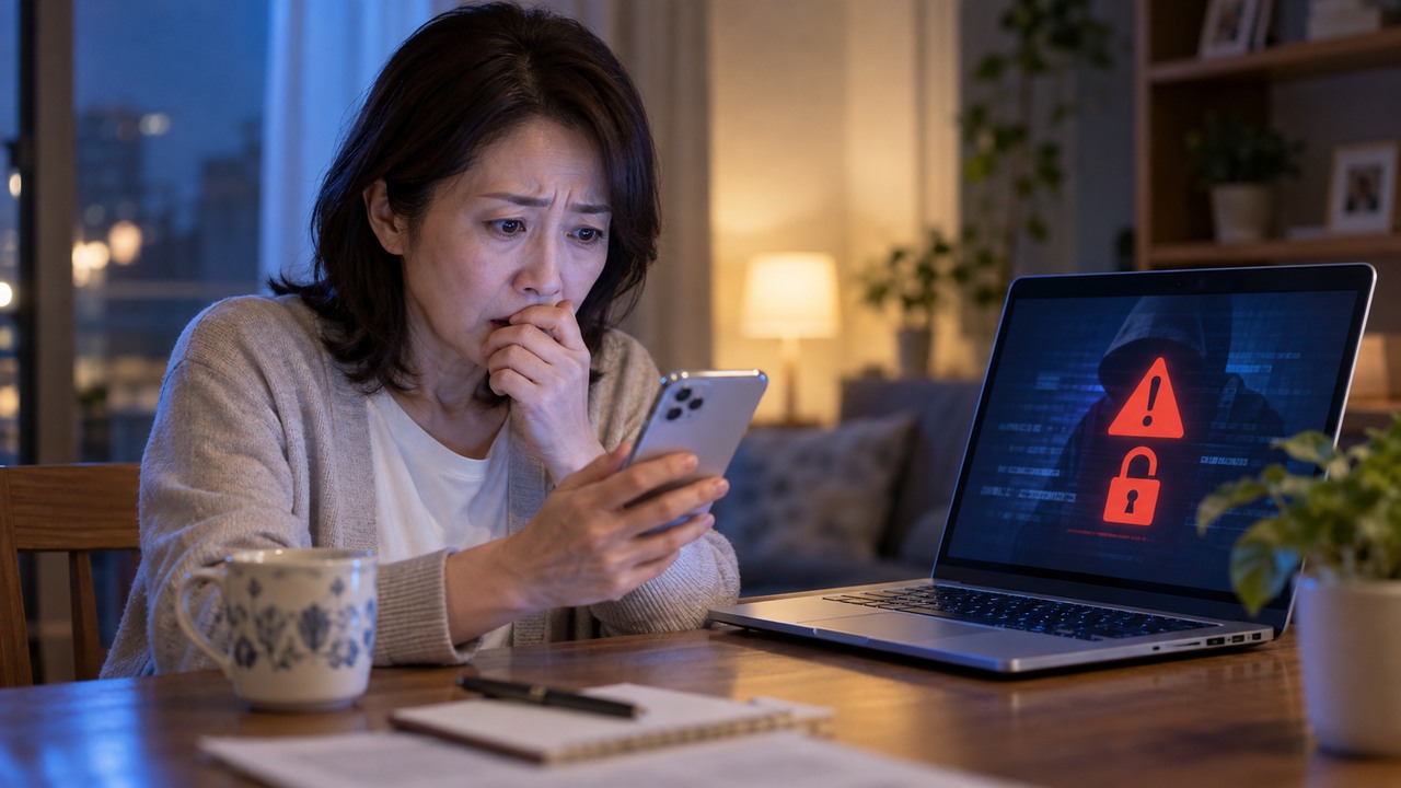 スマートフォンとパソコンの警告を見て個人情報の安全を気にかける女性のイメージ