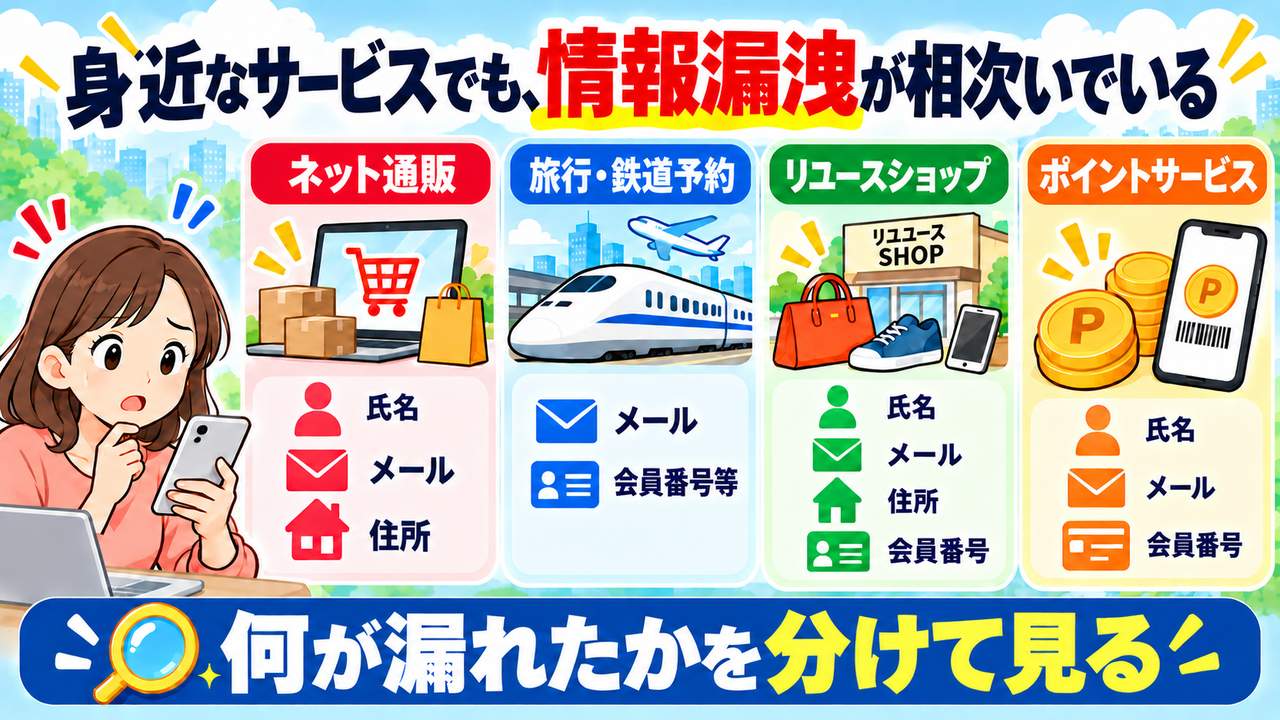 通販、旅行と鉄道予約、リユース店、ポイントサービスで扱う情報の違いを示す図