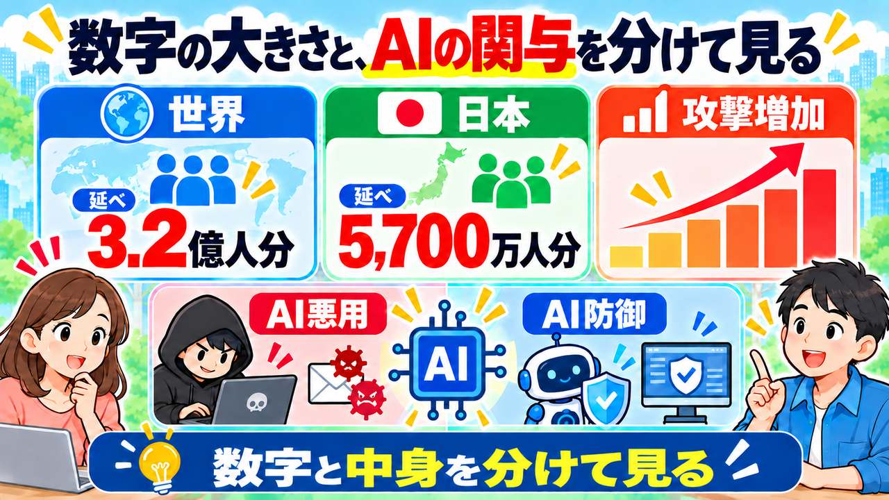 世界で延べ3.2億人分、日本で延べ5700万人分の漏洩規模と、AIの悪用と防御を示す図