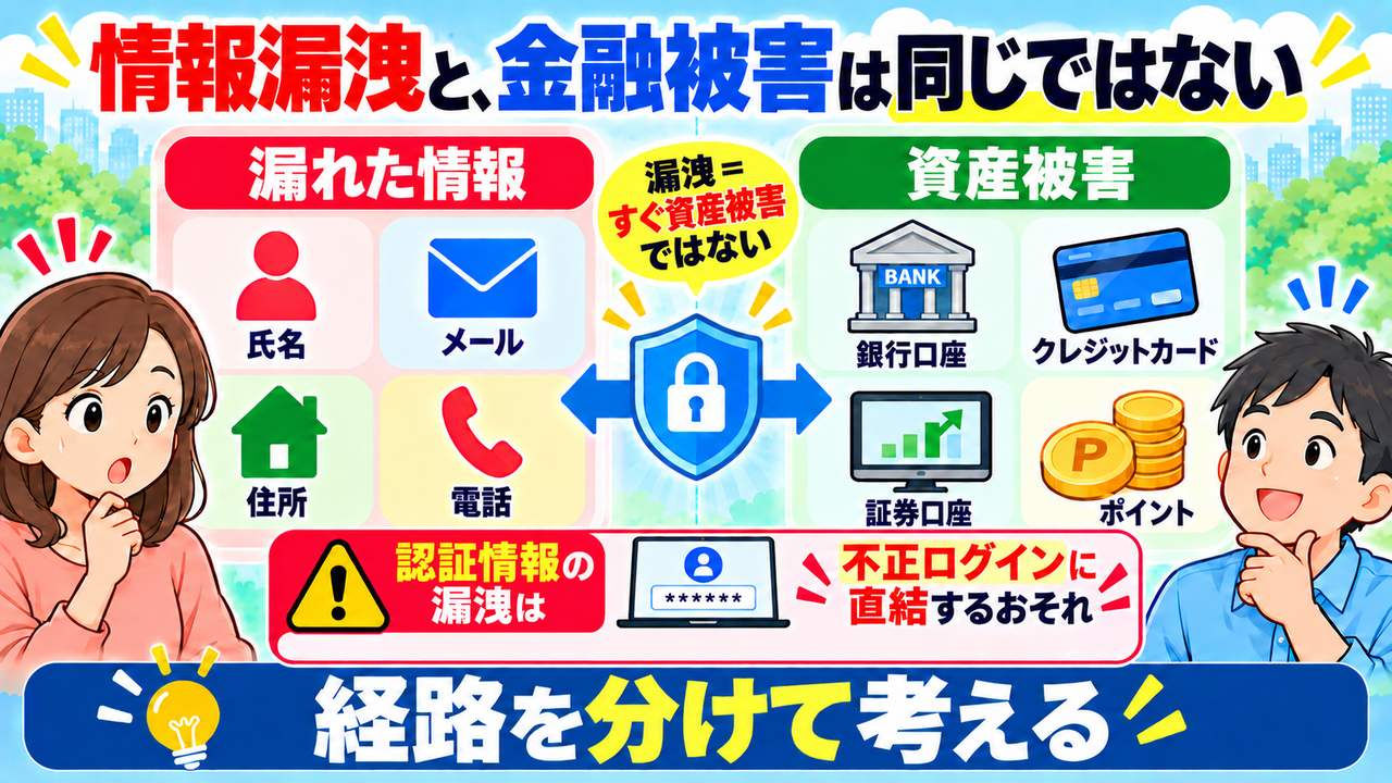 個人情報の漏洩と金融資産の被害を分け、認証情報の漏洩による不正ログインに注意する図