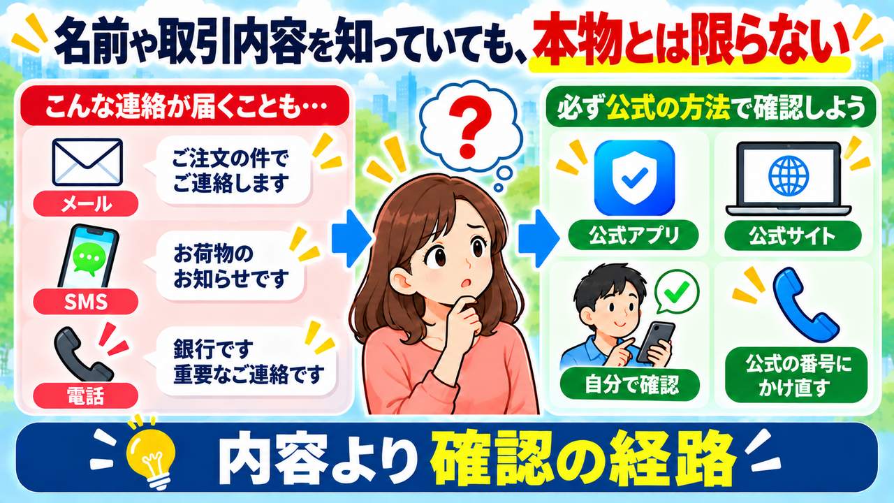名前や取引内容が合っていても信用せず、公式アプリやサイトと公式番号で確認する図