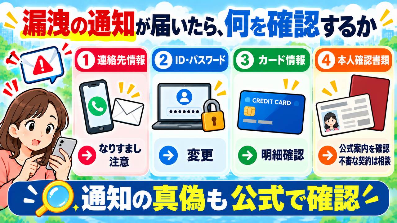 漏洩した連絡先、認証情報、カード情報、本人確認書類に応じた対応を示す図