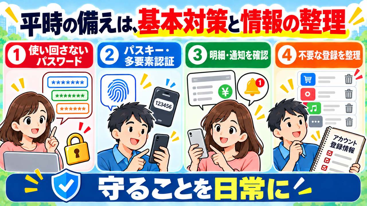 パスワードの使い回し防止、パスキーと多要素認証、利用明細確認、登録整理の四つの備え
