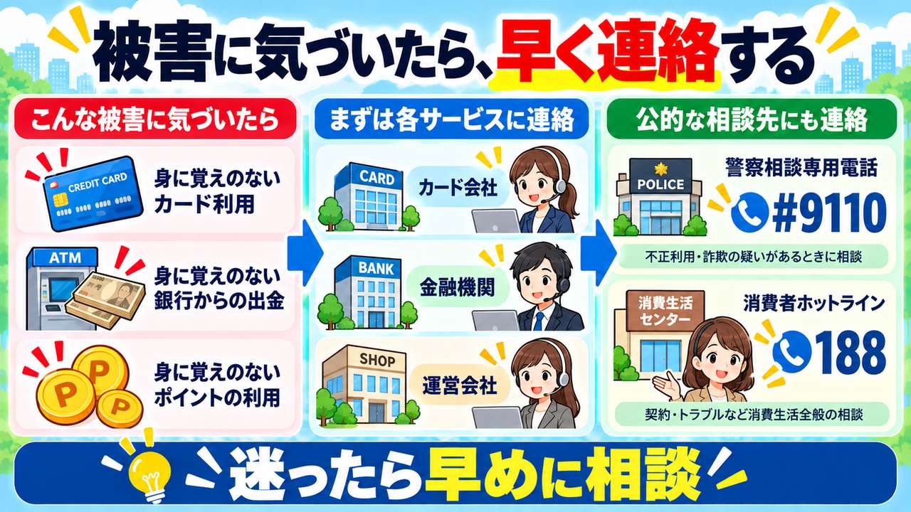不審な取引に気づいたらカード会社、銀行、運営会社へ連絡し、警察や消費者相談も利用する図
