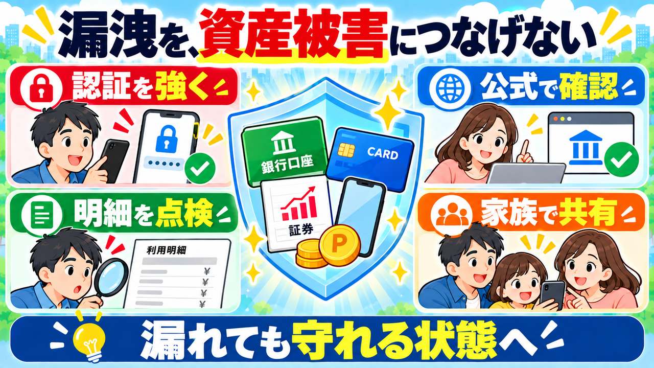 強い認証、公式での確認、明細点検、家族との共有で資産を守るまとめの図