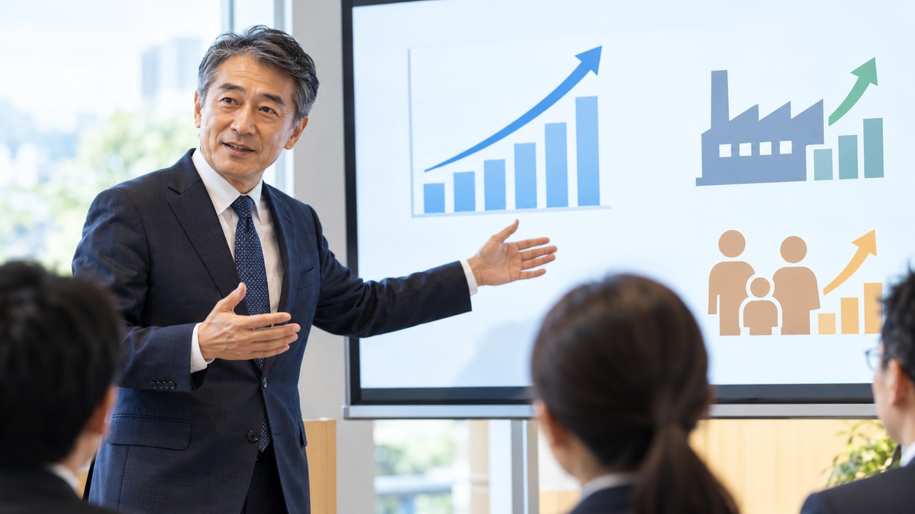 設備投資と賃金や家計の改善について説明する講師のイメージ