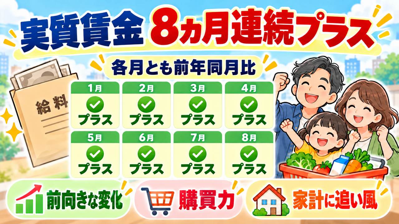 2026年1月から8月まで、各月の実質賃金が前年同月比プラスとなったことを示す図