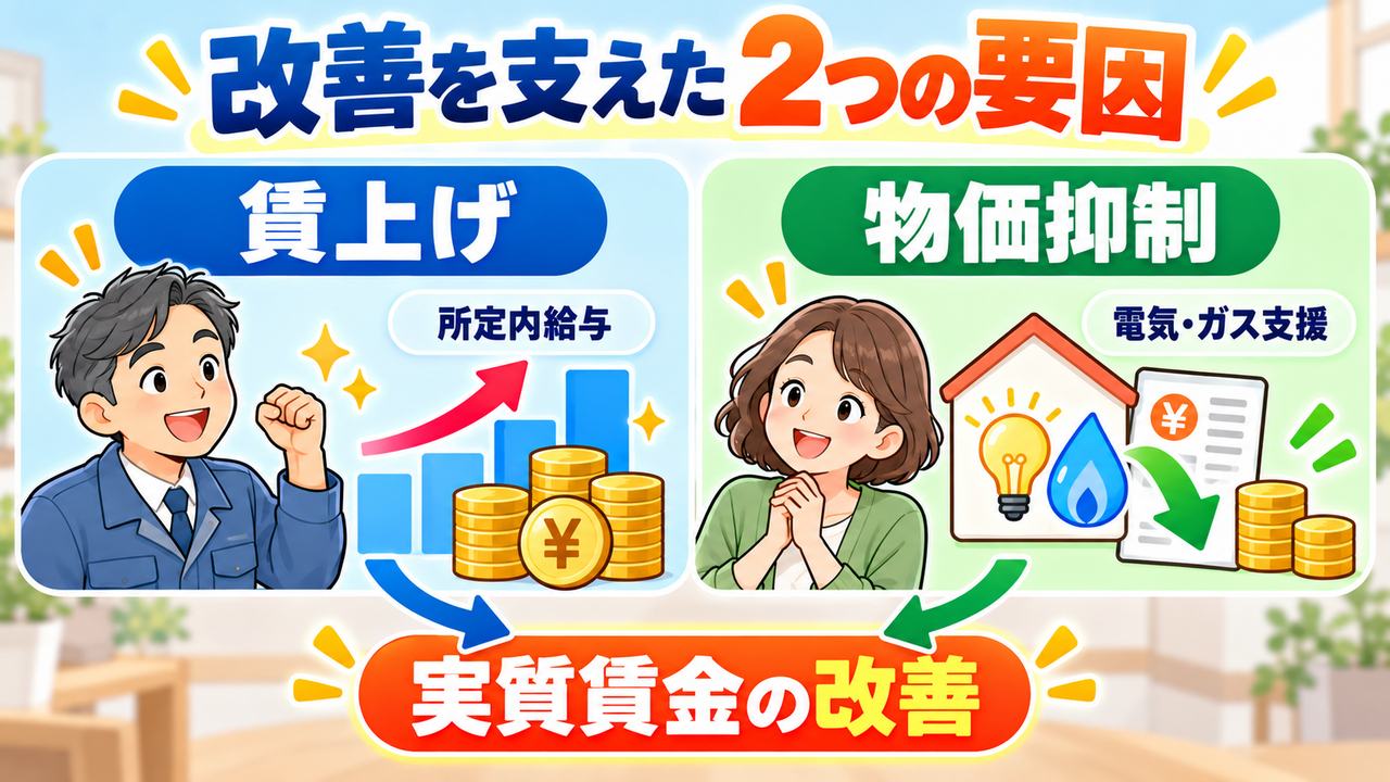 所定内給与の賃上げと電気ガス料金への支援が実質賃金の改善を支える図