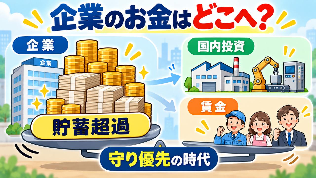 過去の守り優先の時代に、企業の貯蓄が国内投資を上回った状態を示すイメージ