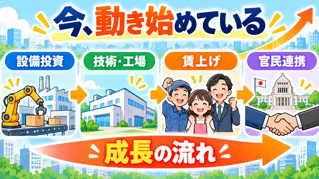 現在動き始めている設備投資、技術や工場、賃上げ、官民連携を示す図