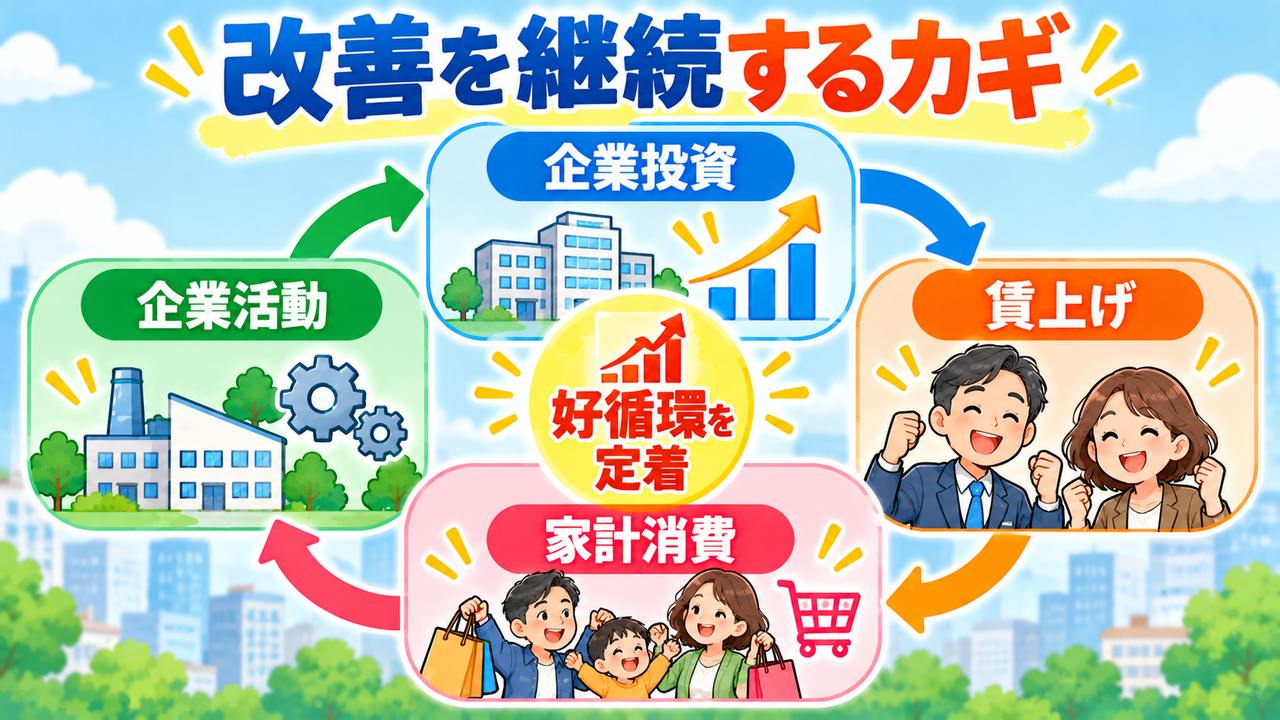 企業投資、賃上げ、家計消費、企業活動をつなげて改善を継続する好循環の図
