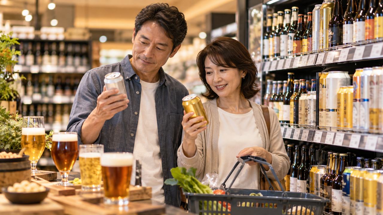 夫婦がビール売り場で商品の中身と価格を確認しているイメージ