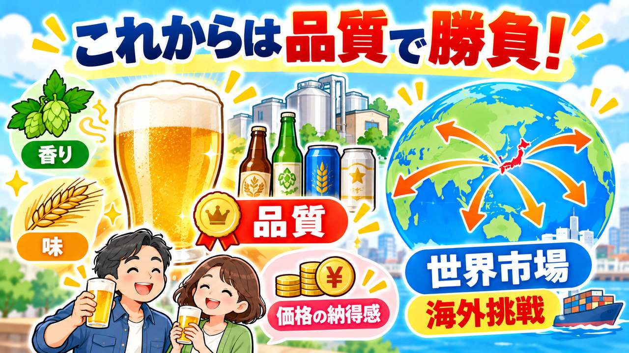 味や香りと品質、価格の納得感を磨き、日本のビールの世界市場への挑戦に期待する図