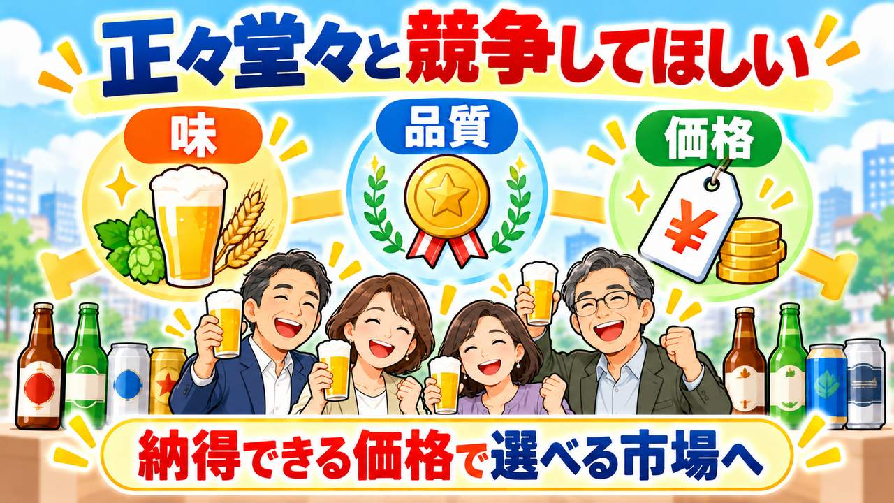 成人4人がビールを楽しみ、味・品質・価格で正々堂々と競争してほしいという期待を示す図