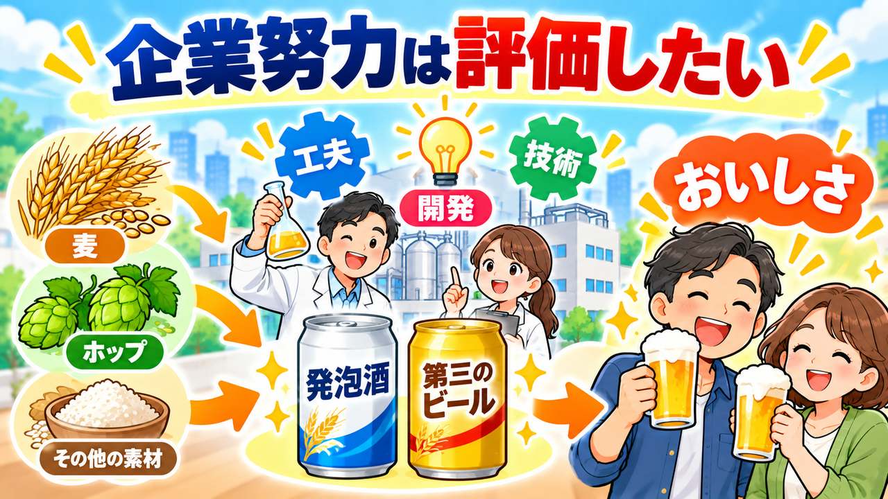 麦芽や原料と製造方法の工夫により、発泡酒や第三のビールのおいしさを追求した商品開発を示す図
