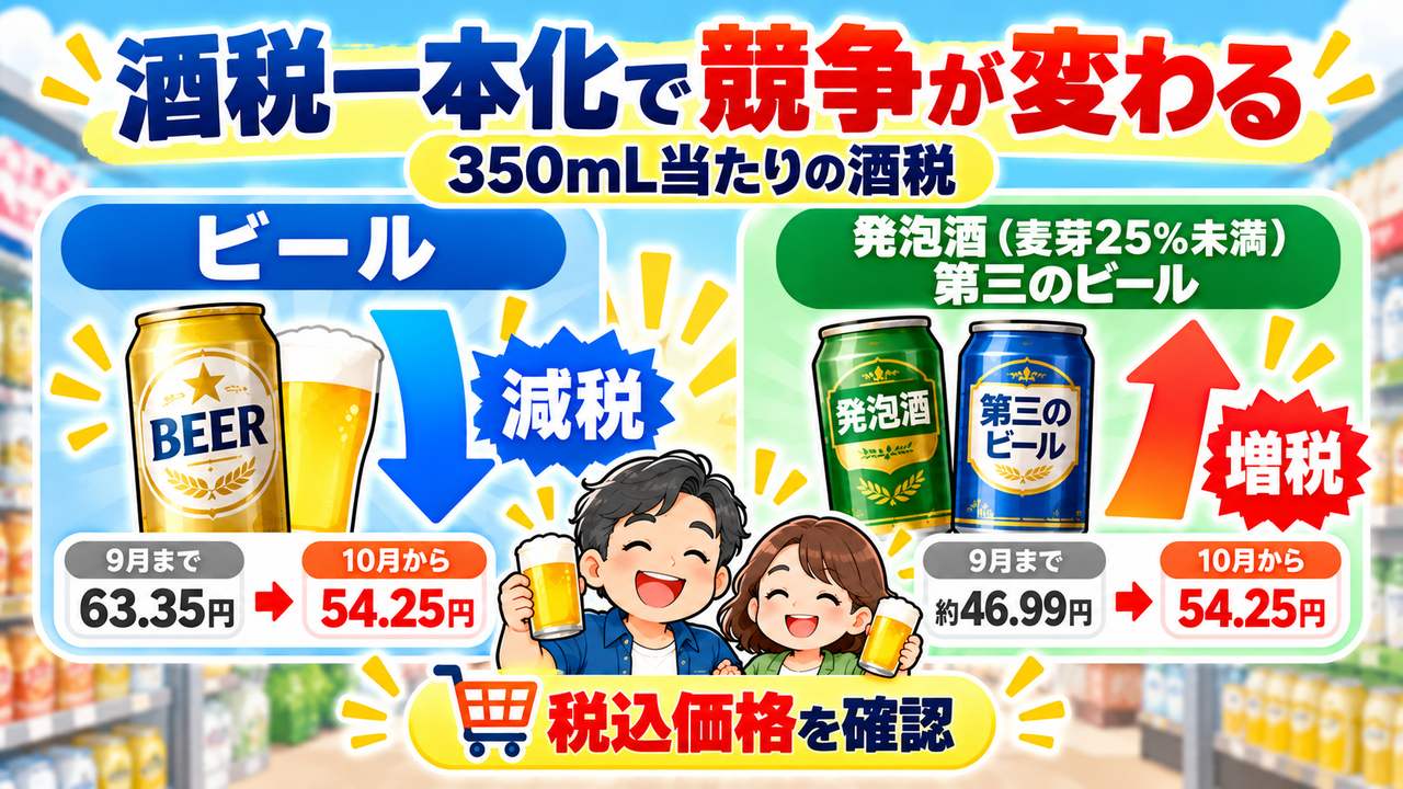 350mL当たりの酒税がビール63.35円から54.25円、麦芽25%未満の発泡酒と第三のビールは約46.99円から54.25円となる図