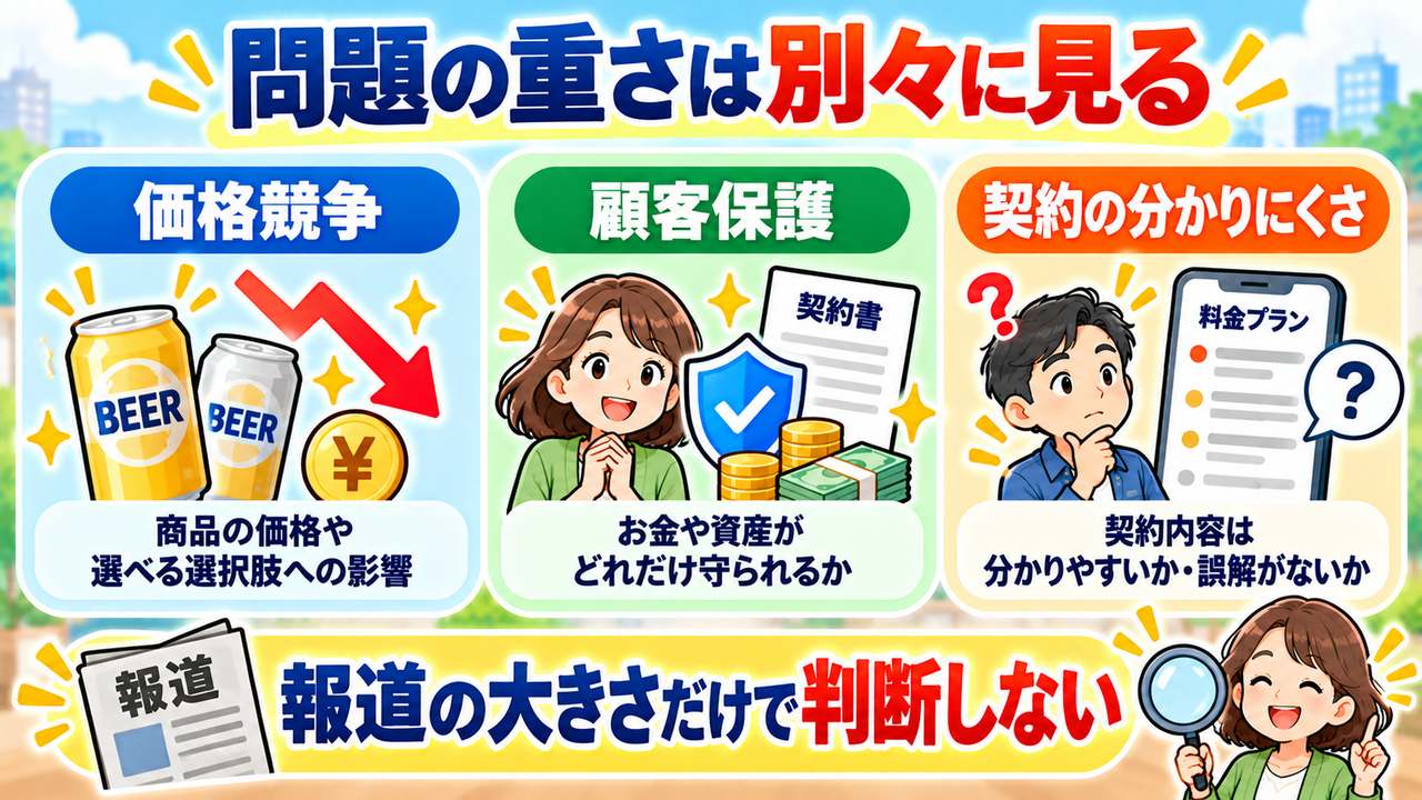 価格競争、顧客保護、契約の分かりにくさという違う問題を、報道の大きさだけで判断しない図