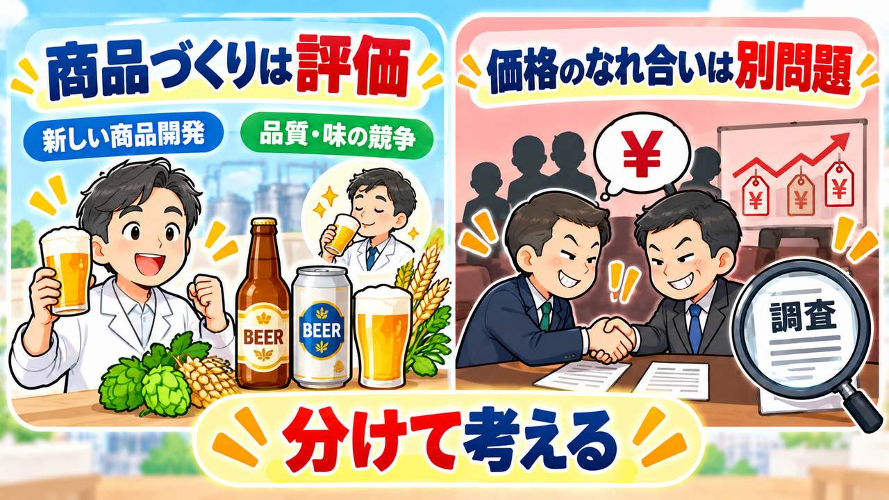 商品開発と品質の競争への評価を、価格を申し合わせる行為の問題とは分けて考える概念図