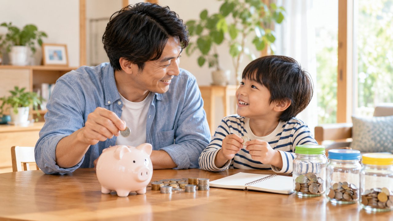 父親と子どもが貯金箱と硬貨を前にお金の使い方を話しているイメージ