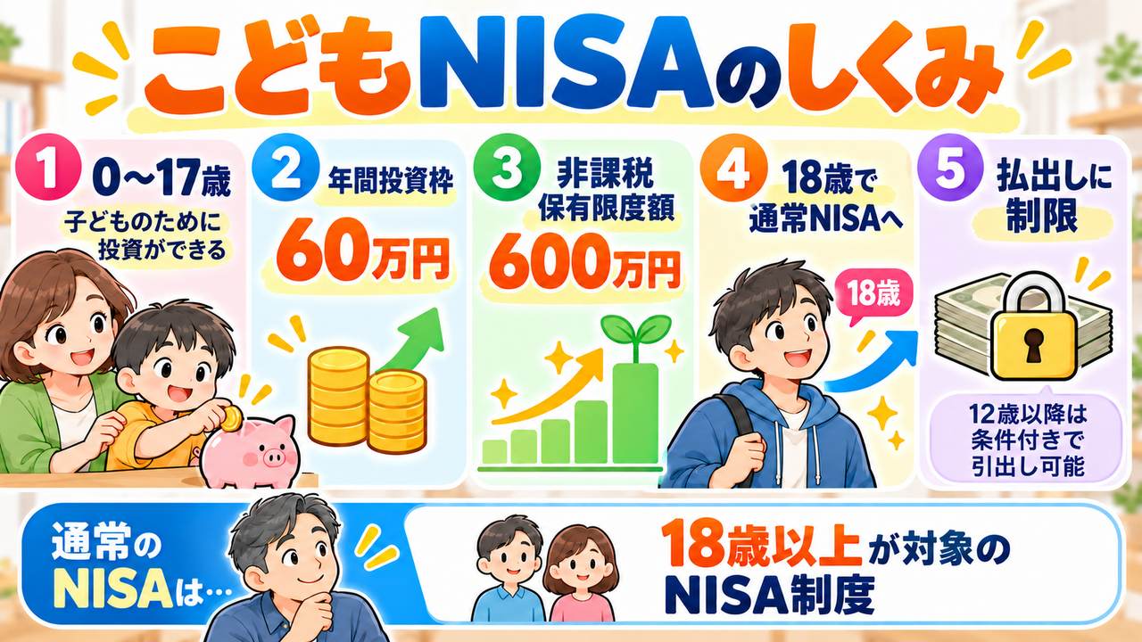 0~17歳が対象で年間投資枠60万円、非課税保有限度額600万円、18歳で通常NISAへ移行し、12歳以降は条件付きで引出し可能と説明するこどもNISAの図