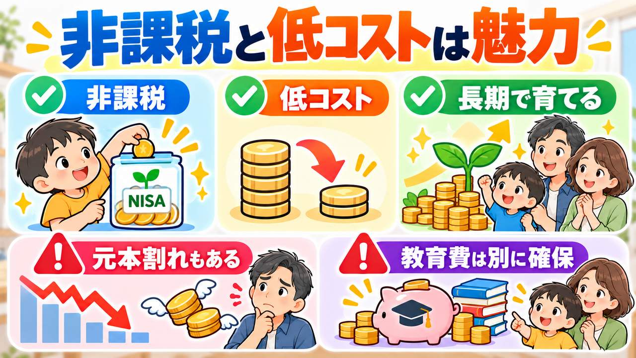 非課税と低コスト、長期運用の利点と、元本割れリスクや必要な教育費を別に確保する注意を示す図