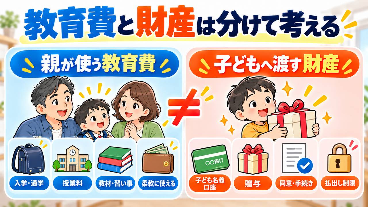 親が管理する教育費と、子ども本人へ贈与して渡す財産を分ける図