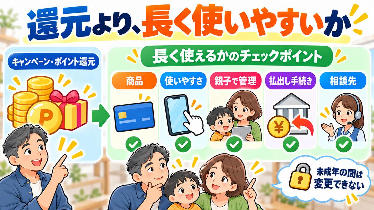 金融機関の選択ではポイント還元だけでなく商品、使いやすさ、親子での管理、払出し手続き、相談先を確認する図