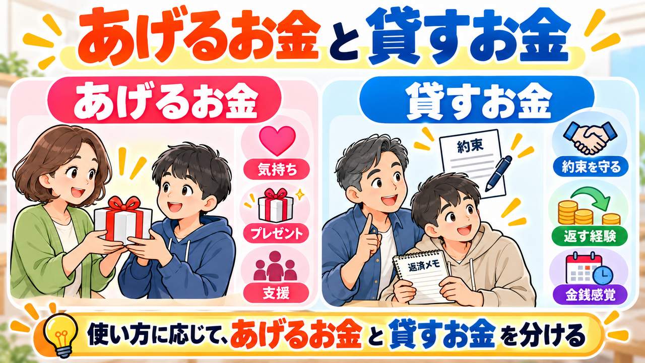 あげるお金と貸すお金を区別し、親子で約束を守って返す経験を通じ金銭感覚を育てる図