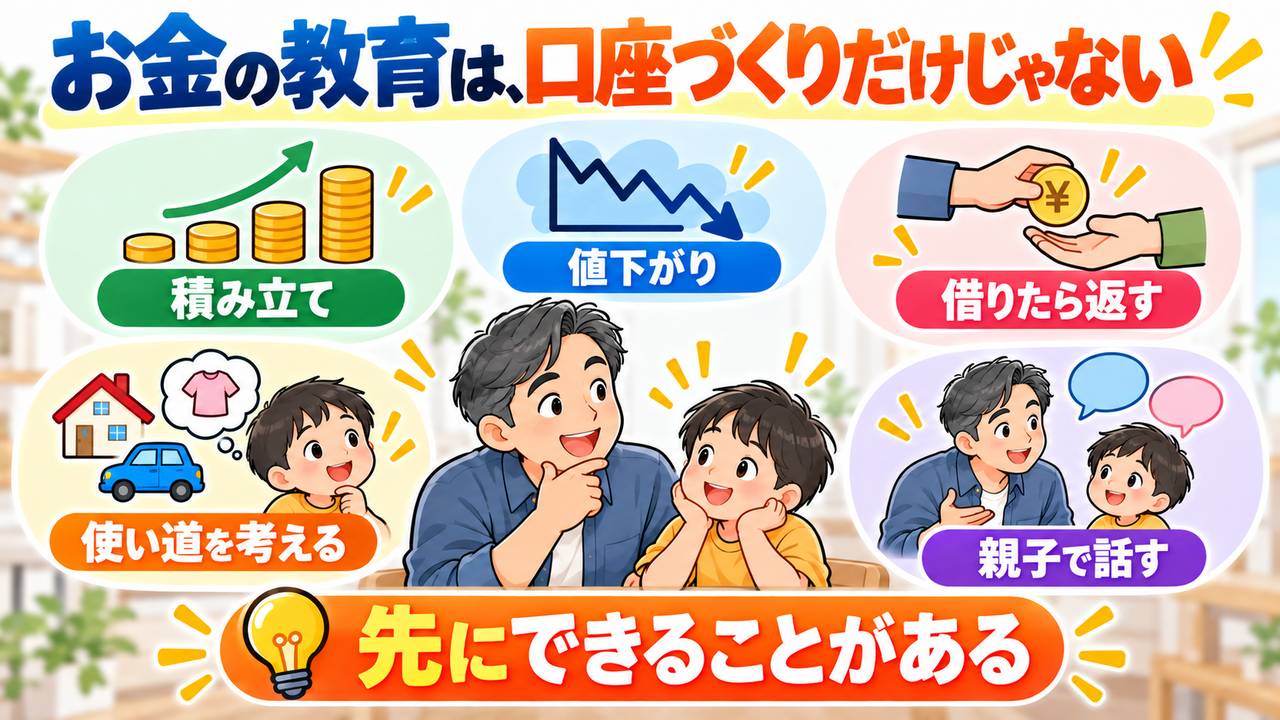 積立や値下がり、借りたお金を返すこと、使い道などを親子で話す金融教育の図