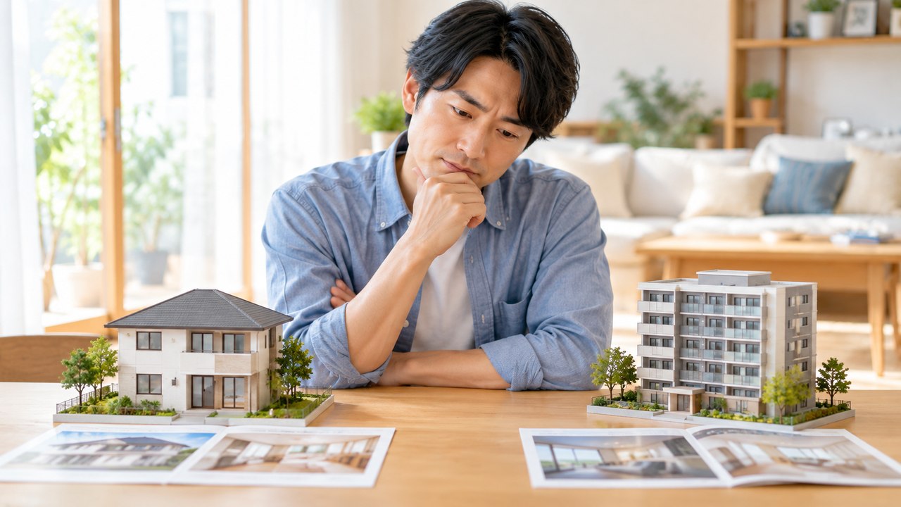 男性が戸建てとマンションの模型を前に、持ち家と賃貸を考えるイメージ