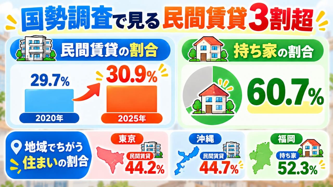 民間賃貸の割合は2020年29.7％から2025年30.9％へ上昇。全国の持ち家率60.7％、東京と沖縄の民間賃貸割合、福岡の持ち家率52.3％を示す図