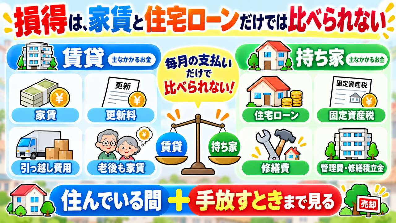 賃貸の家賃や更新料と、持ち家の住宅ローンや税金、修繕費など、住む間から手放すときまでの費用を比較する図