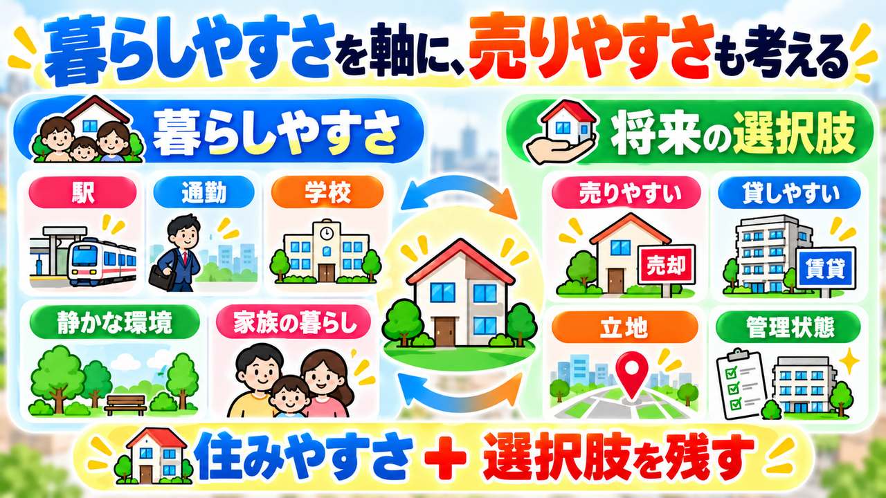 駅や通勤、学校、静かな環境などの暮らしやすさと、立地や管理状態による売りやすさ・貸しやすさを合わせて考える図