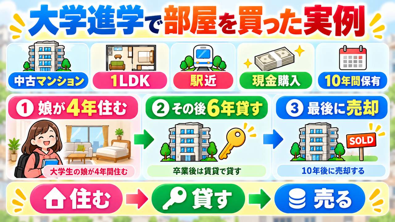 駅徒歩圏の中古1LDKを現金購入し、娘が4年間住み、その後6年間賃貸に出し、10年後に売却した実例の図